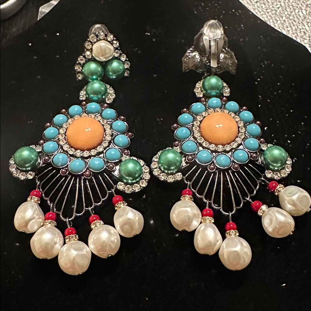 Vibrant Turquoise and Orange Drop Earrings - Picture 2 of 4